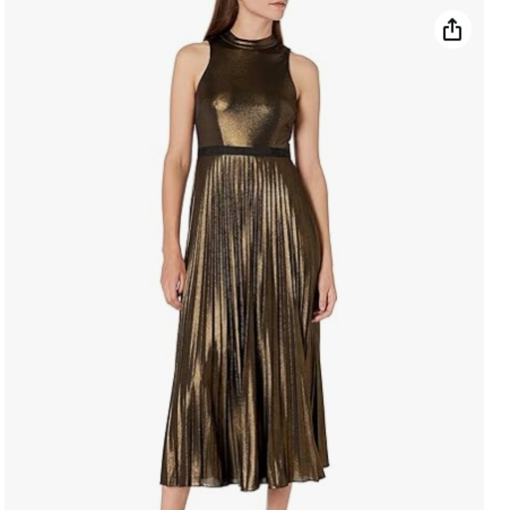 Donna Morgan Stretch Foil Pleated Halter Dress Liquid Gold Metallic Size 0 XS